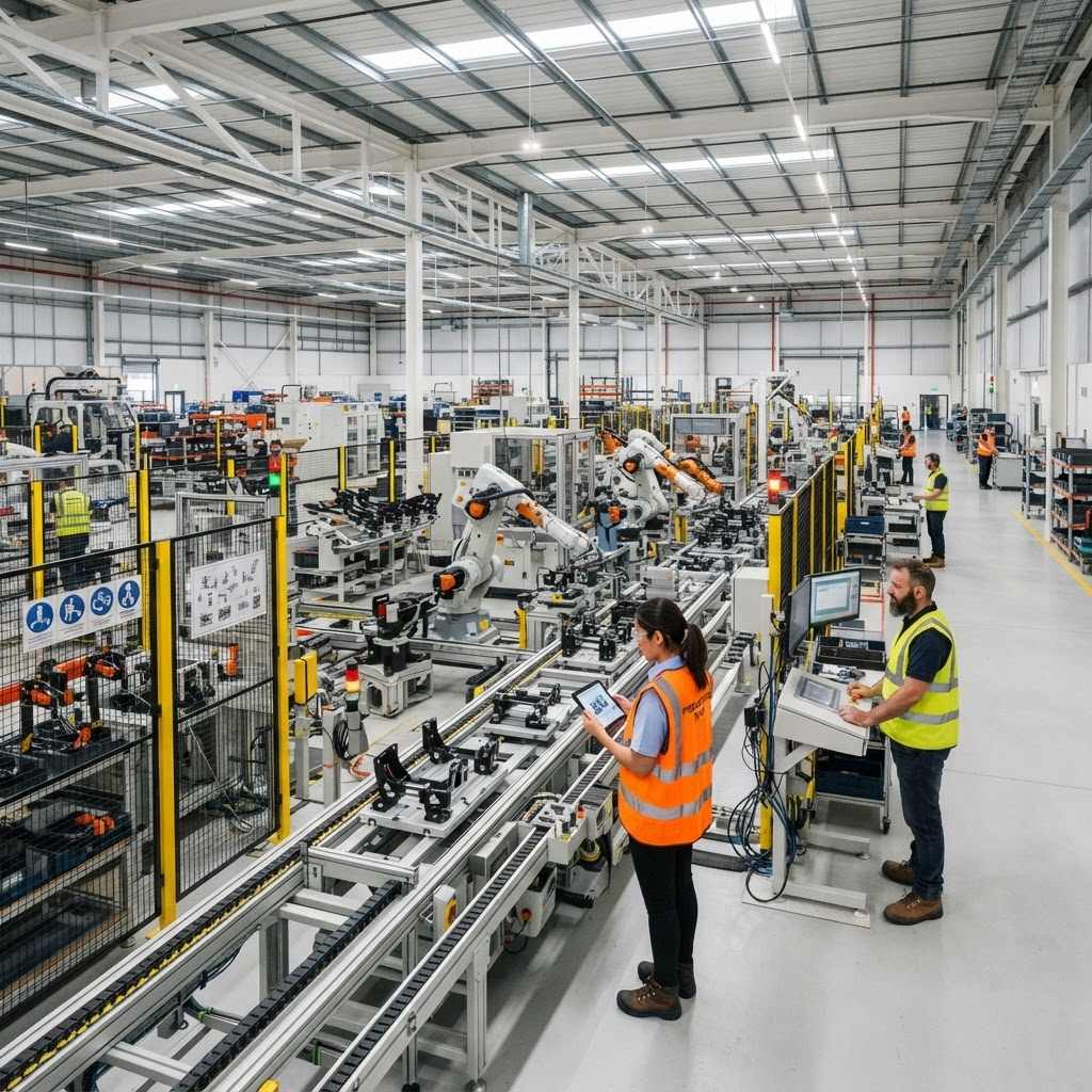 Modern industrial factory floor with assembly line machinery