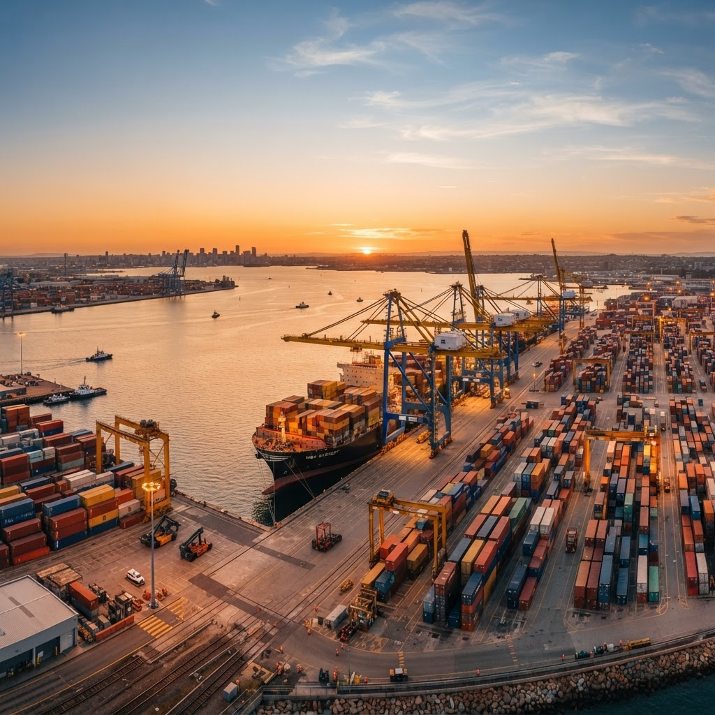 Container shipping port at golden hour